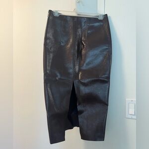 Black Faux Leather Midi Pencil Skirt with Front Slit